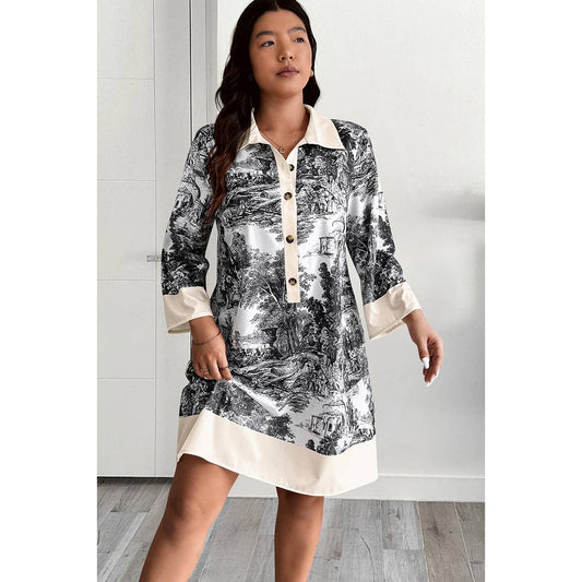 Plus Allover Printed Color Block Button Up Dress | Dress - Women's | F, new arrival, plus, plus dress, shoppe247 | Elings