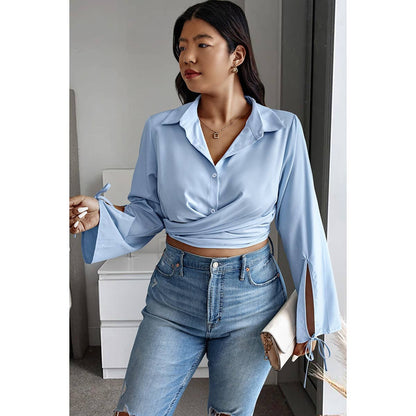 Plus Button Down Cross Fit Solid Cross Blouse