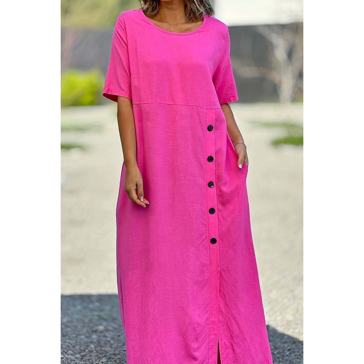 Plus Button Trim Round Neck Pockets Maxi Dress - MVTFASHION.COM