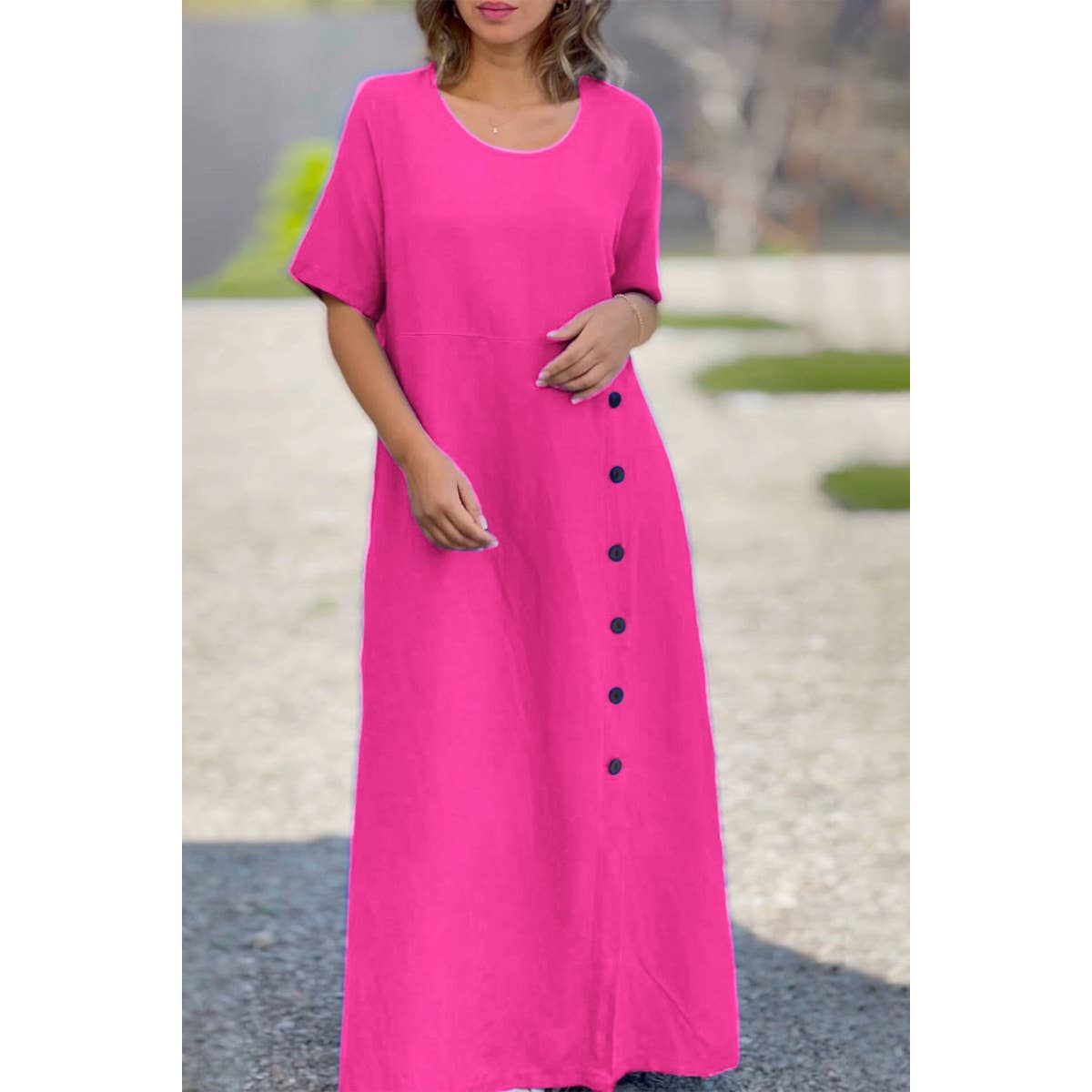 Plus Button Trim Round Neck Pockets Dress | Dress - Women's | 2401, F, new arrival, plus, plus dress | Elings