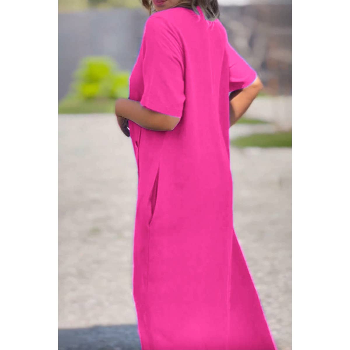 Plus Button Trim Round Neck Pockets Maxi Dress - MVTFASHION.COM