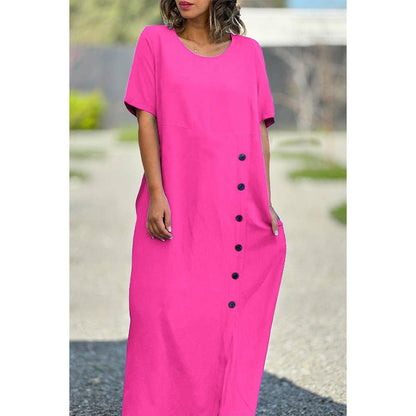 Plus Button Trim Round Neck Pockets Maxi Dress - MVTFASHION.COM