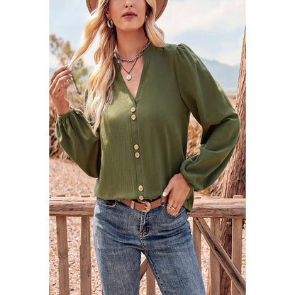 Plus Button Trim V Neck Classic Loose Blouse - MVTFASHION.COM