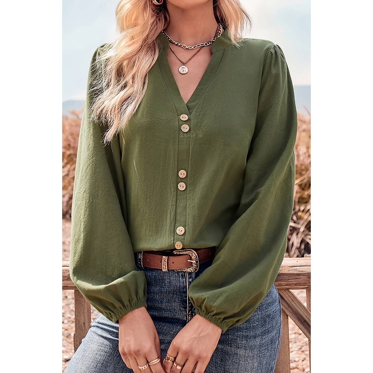 Plus Button Trim V Neck Classic Loose Blouse - MVTFASHION.COM