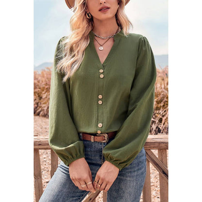 Plus Button Trim V Neck Classic Loose Blouse - MVTFASHION.COM