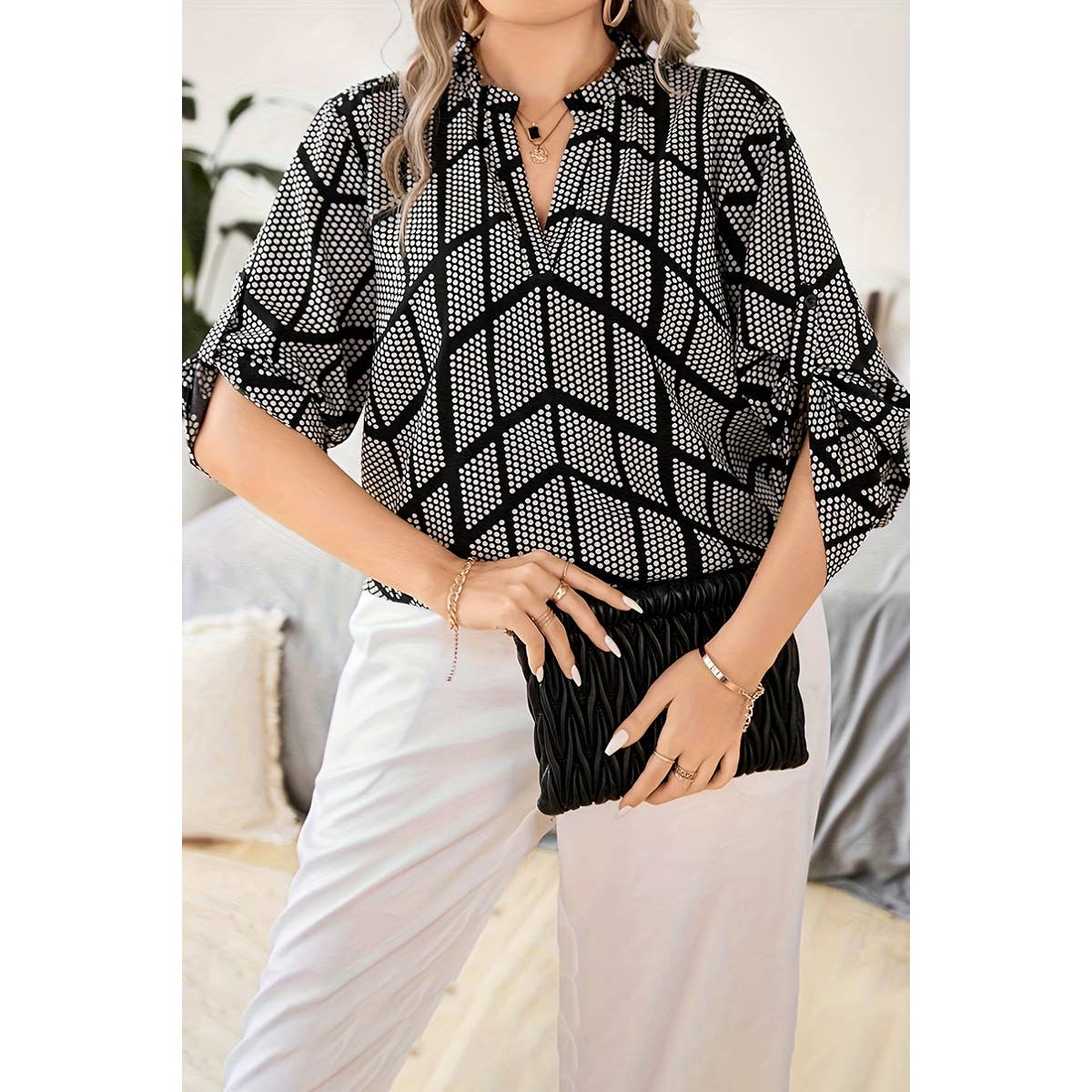 Plus Dot Print Loose Fit Half Sleeves Blouse - MVTFASHION.COM