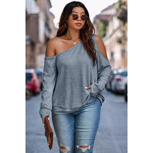 Plus One Shoulder Solid Loose Fit Long Sleeves Top | Blouse - Women's | F, new arrival, plus, Plus tops, shoppe247 | Elings