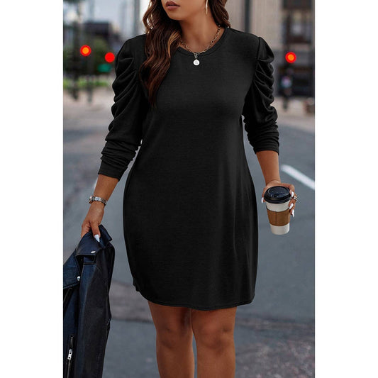 Plus Size Solid Round Neck Ruched Fit Dress | Dress - Women's | F, new arrival, plus, plus dress, shoppe247 | Elings