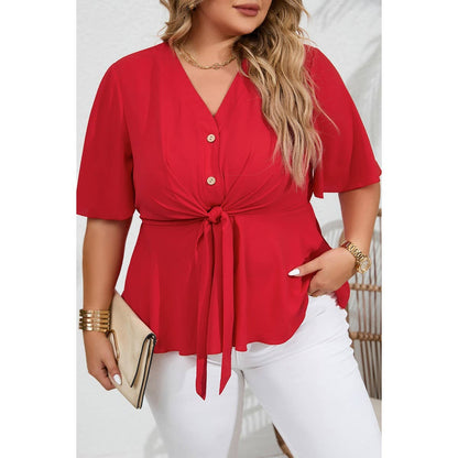 Plus Tie Front Half Button V Neck Solid Blouse