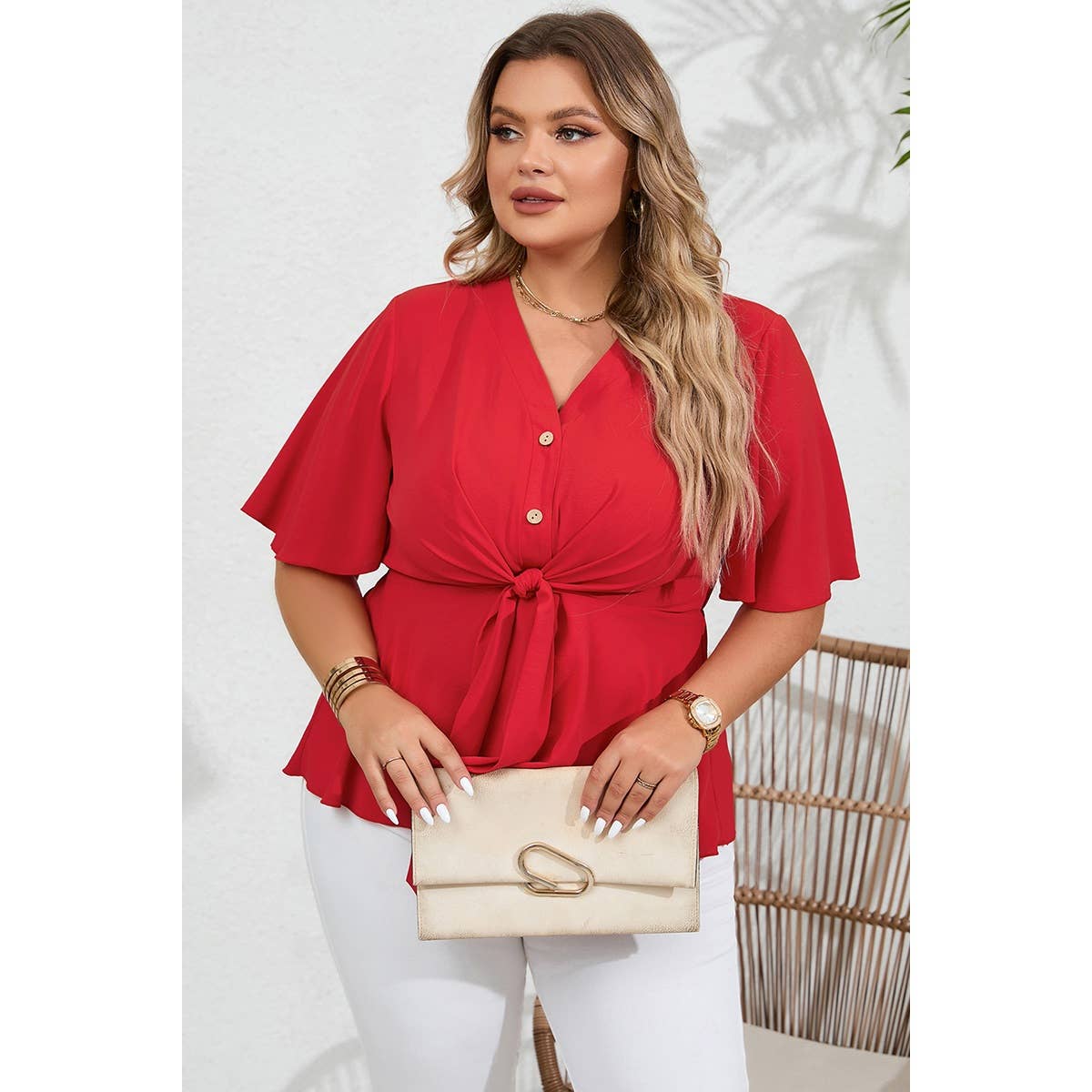 Plus Tie Front Half Button V Neck Solid Blouse