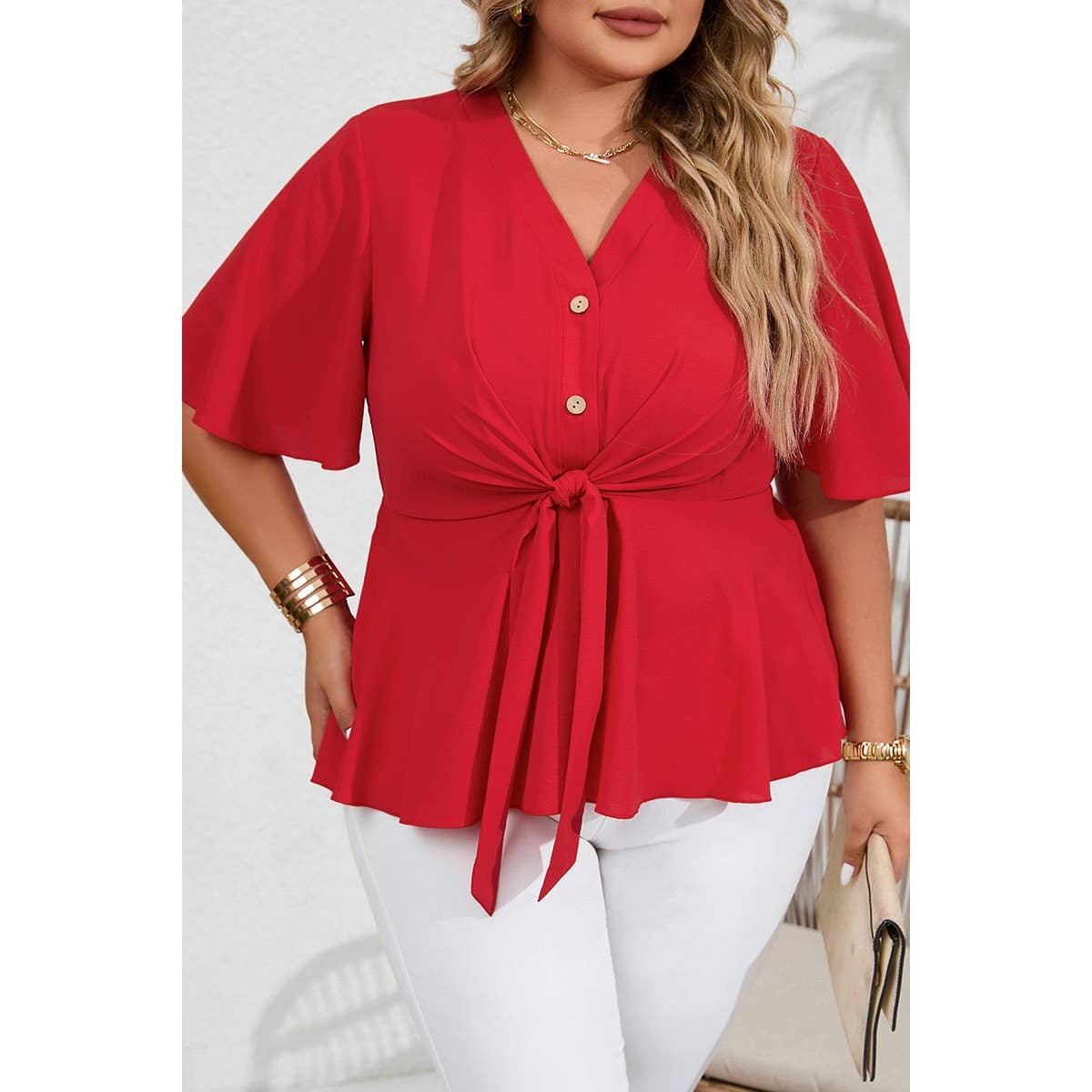 Plus Tie Front Half Button V Neck Solid Blouse