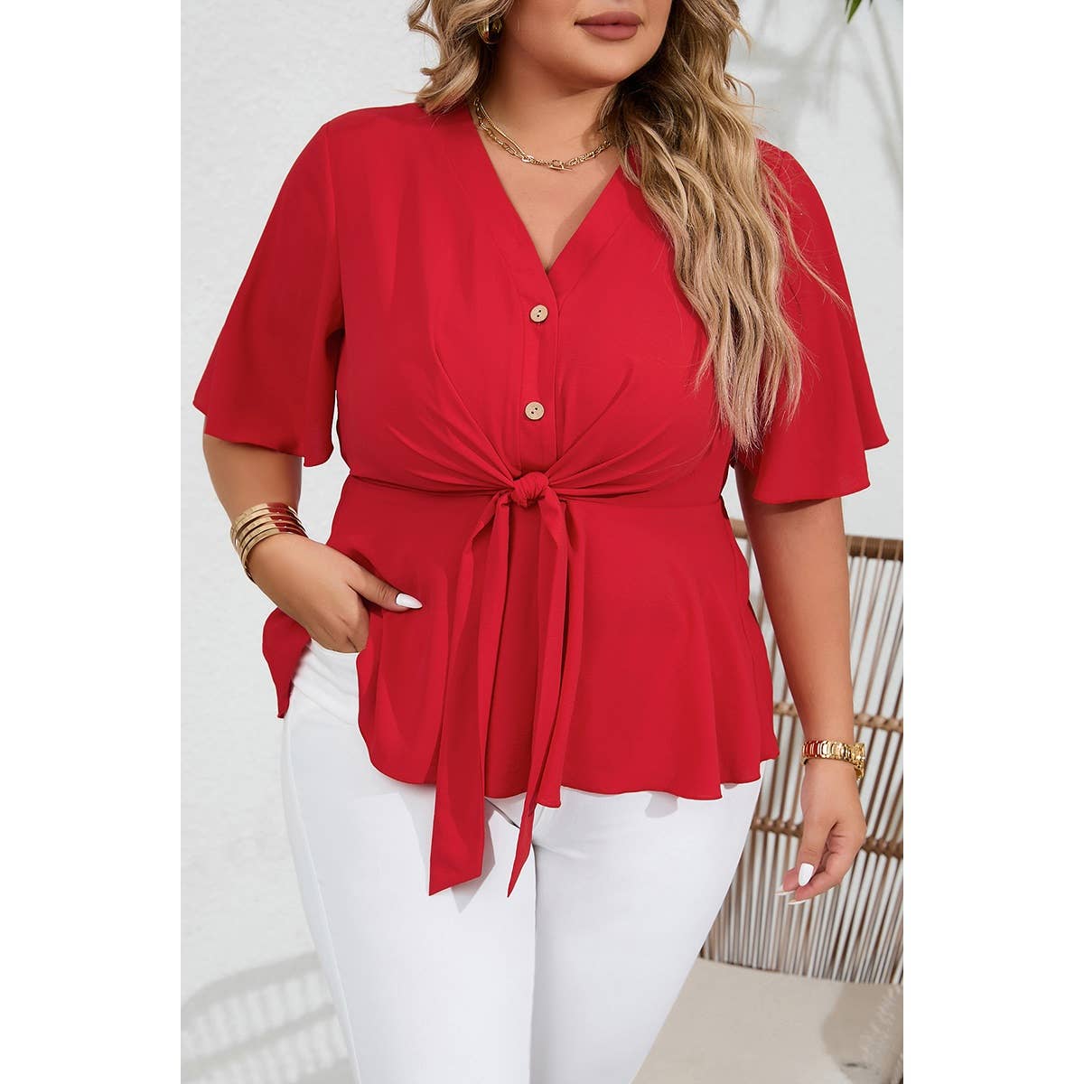 Plus Tie Front Half Button V Neck Solid Blouse | Blouse - Women's | F, new arrival, plus, Plus tops | Elings