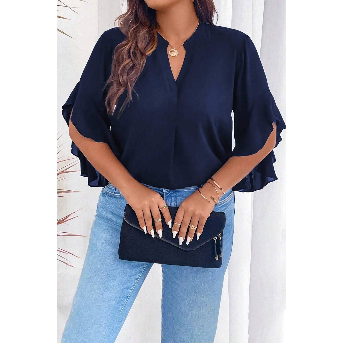 Plus V Neck Ruffle Half Sleeves Loose Blouse | Blouse - Women's | 2401, F, new arrival, plus, Plus tops | Elings