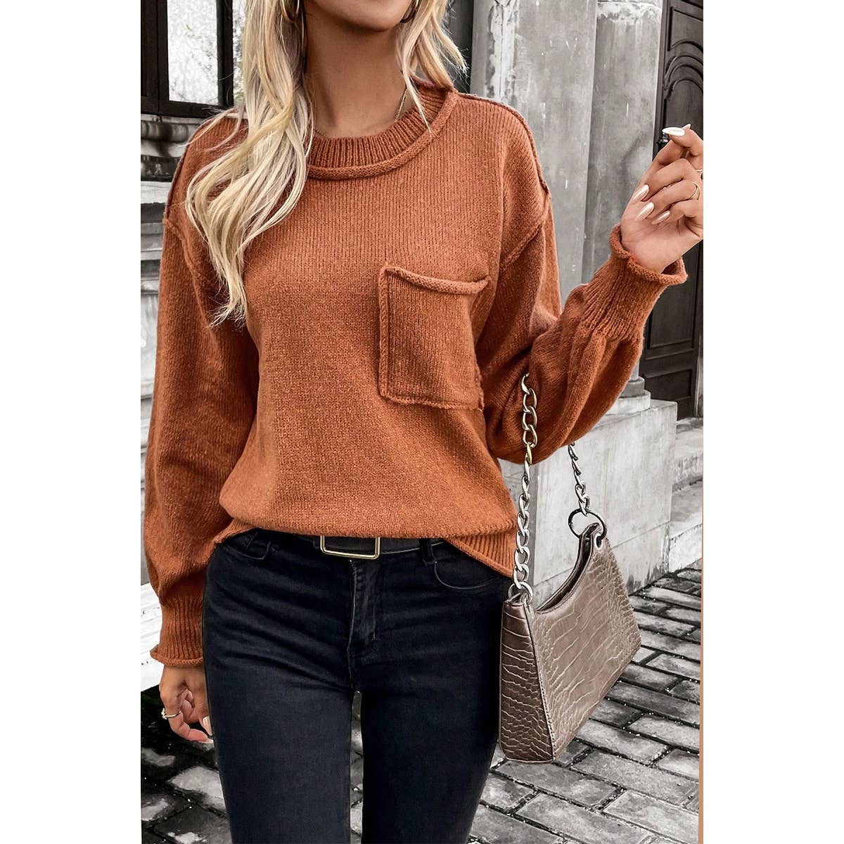 Pocket Patch Drop Shoulder Round Neck Sweater