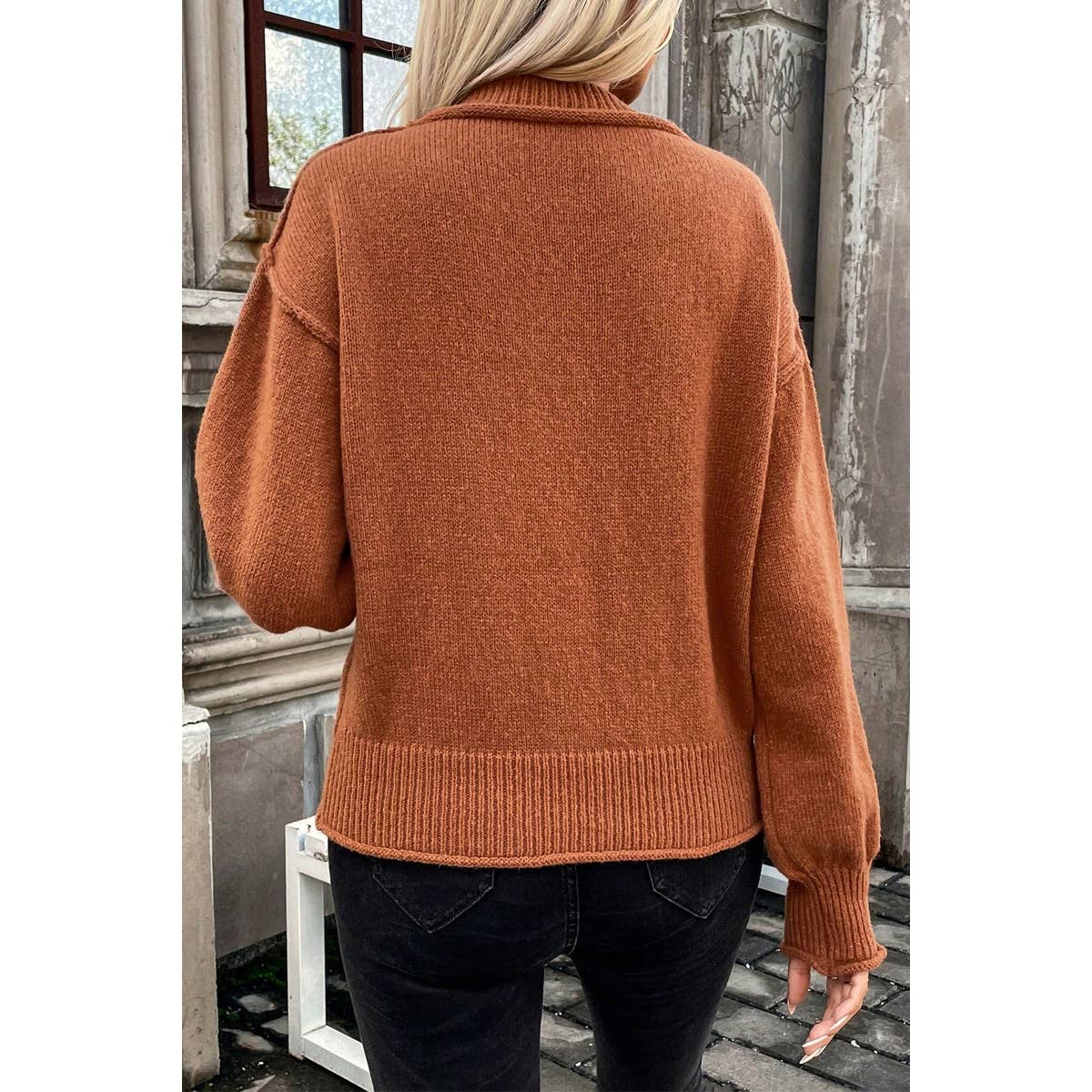 Pocket Patch Drop Shoulder Round Neck Sweater