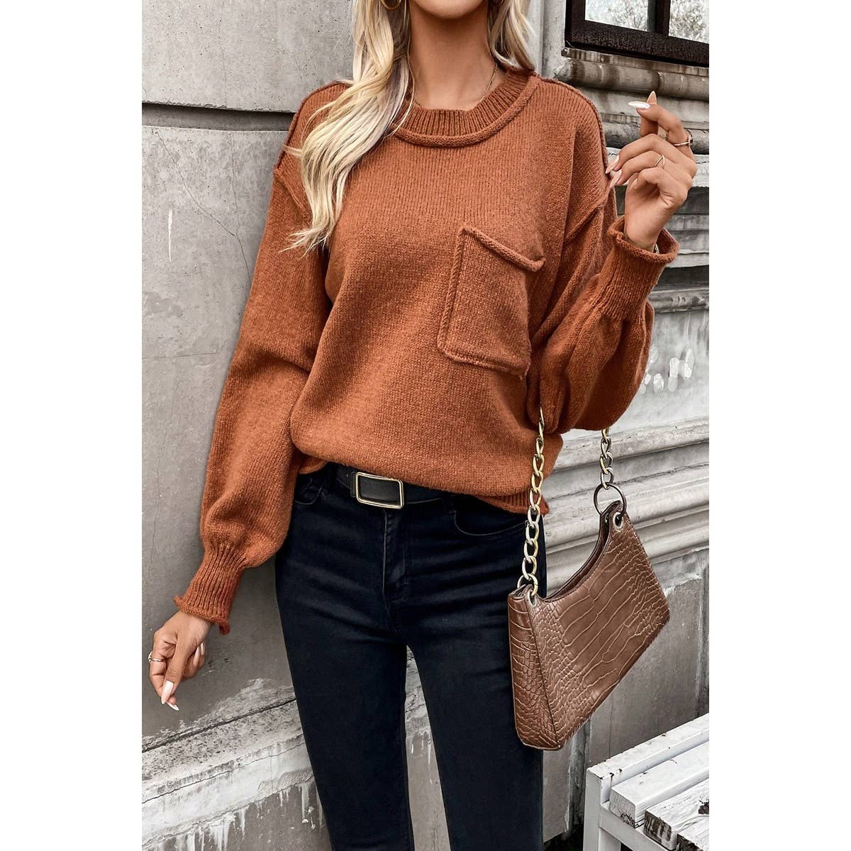 Pocket Patch Drop Shoulder Round Neck Sweater