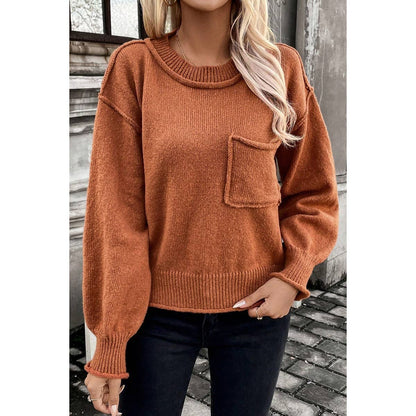 Pocket Patch Drop Shoulder Round Neck Sweater | Knit Sweater - Women's | F, new arrival, shoppe247, SWEATER, Sweaters | Elings