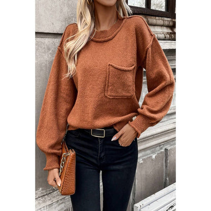 Pocket Patch Drop Shoulder Round Neck Sweater