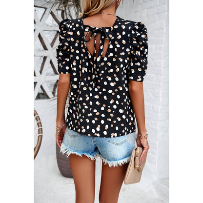 Puff Sleeves Allover Print Knot Loose Fit Top