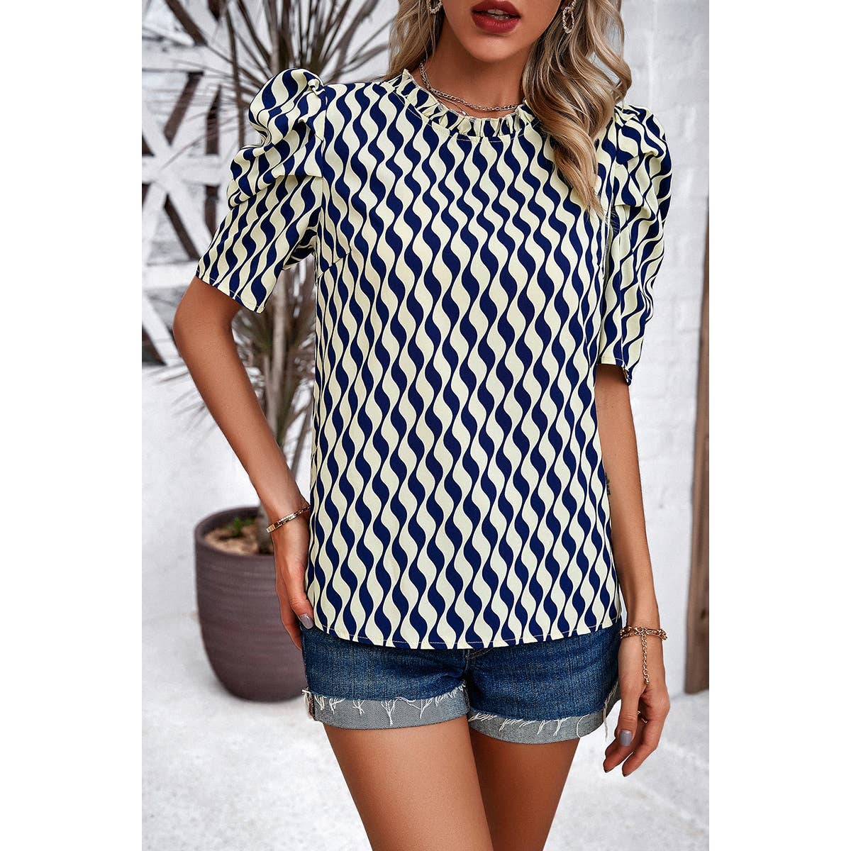 Puff Sleeves Allover Print Knot Loose Fit Top | Blouse - Women's | F, FEB 2024, new arrival, short sleeve top, Top | Elings