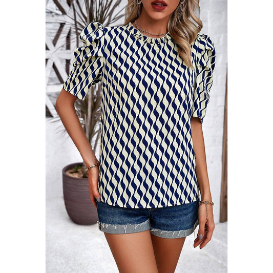 Puff Sleeves Allover Print Knot Loose Fit Top | Blouse - Women's | F, FEB 2024, new arrival, short sleeve top, Top | Elings