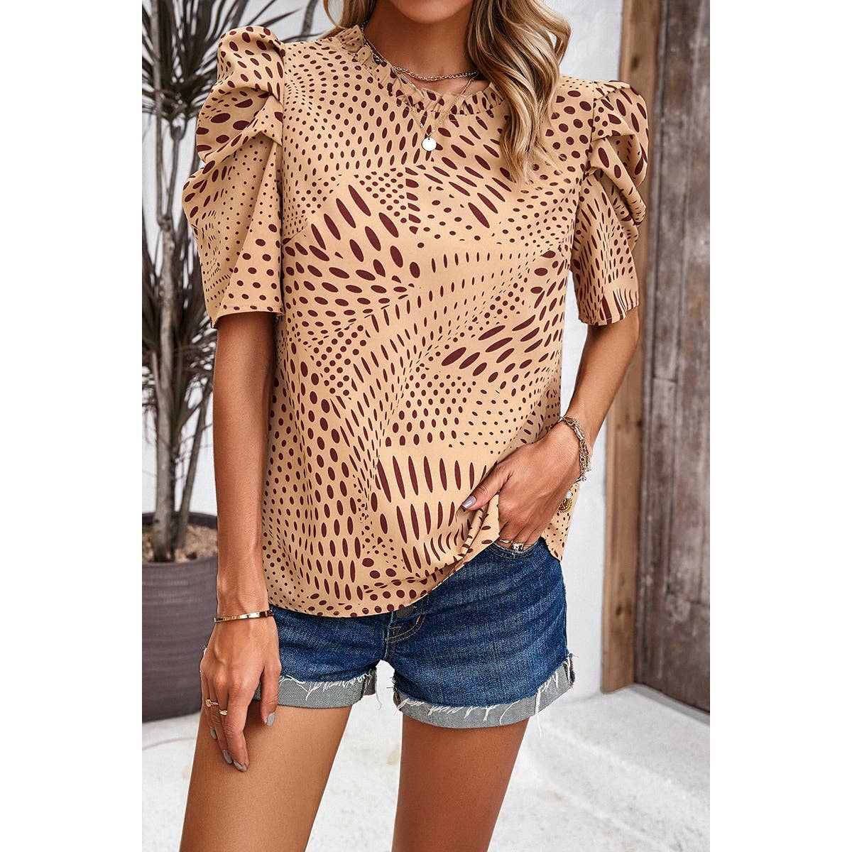 Puff Sleeves Allover Print Knot Loose Fit Top