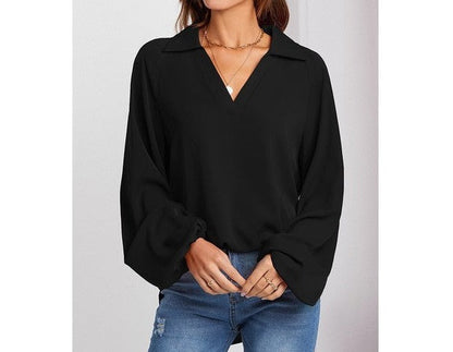 Soft and Stylish V Neck Puff Sleeve Blouse | Blouse - Women's | long sleeve top, tops | Elings