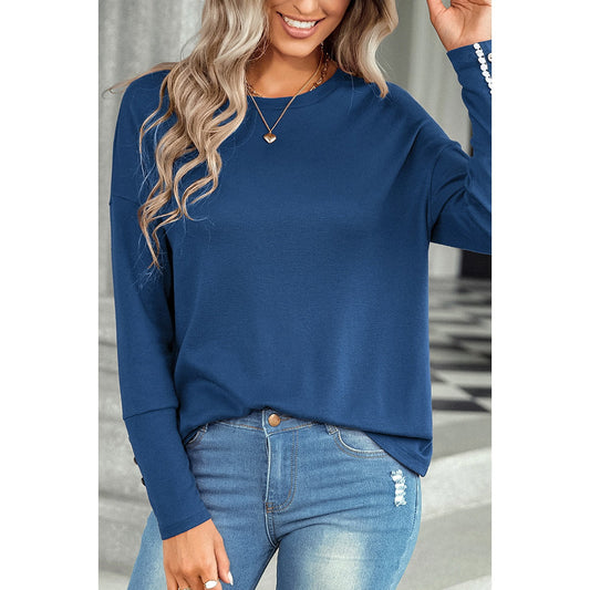 Button Trim Round Neck Top | Casual Woven Top - Women's | final sale, Sale | Elings