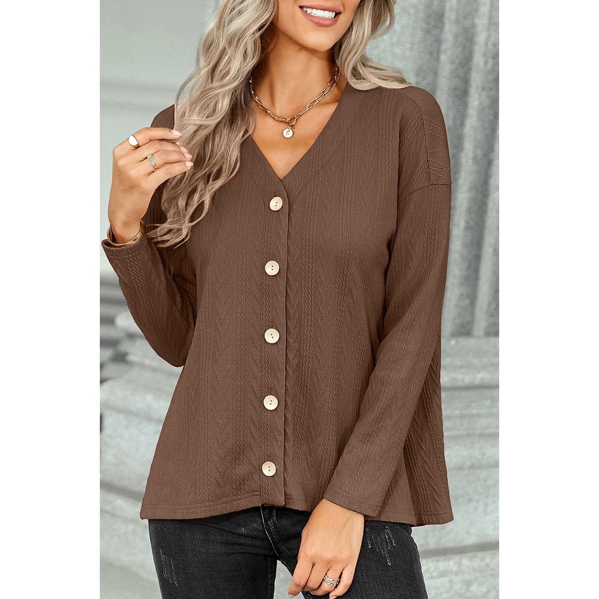 Textured V Neck Button Top | Casual Woven Top - Women's | 2023, long sleeve top, New Arrivals, Top, tops | Elings