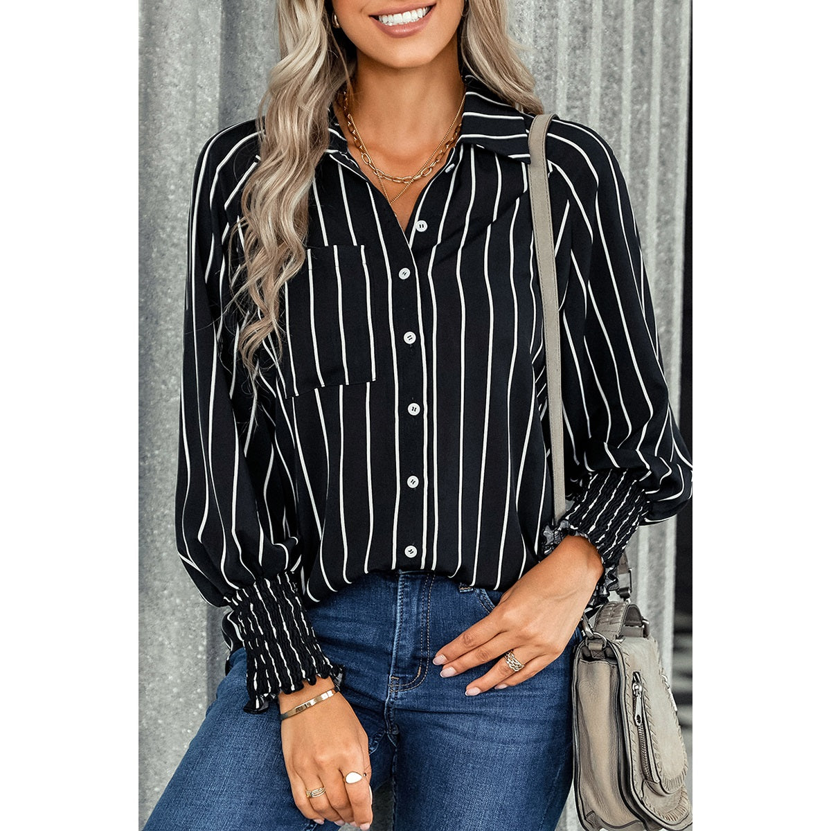 Pocketed Striped Button-Up Shirt | Shirt - Women's | Top | Elings