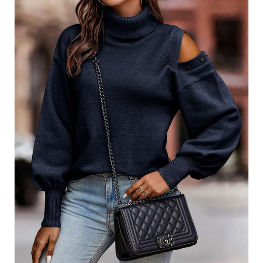 Open Shoulder Button Roll neck Sweater | Pullover Sweater - Women's | 2023, fall and winter, New Arrivals, SWEATER, Sweatshirt | Elings