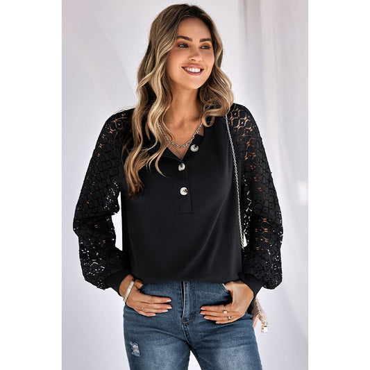 Buttoned Lace Knit Color Block Top | Casual Woven Top - Women's | long sleeve top, Top, tops | Elings