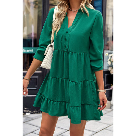 Elegant V Neck Ruffle Button Dress | Dress - Women's | above the knee, Dress, LK | Elings