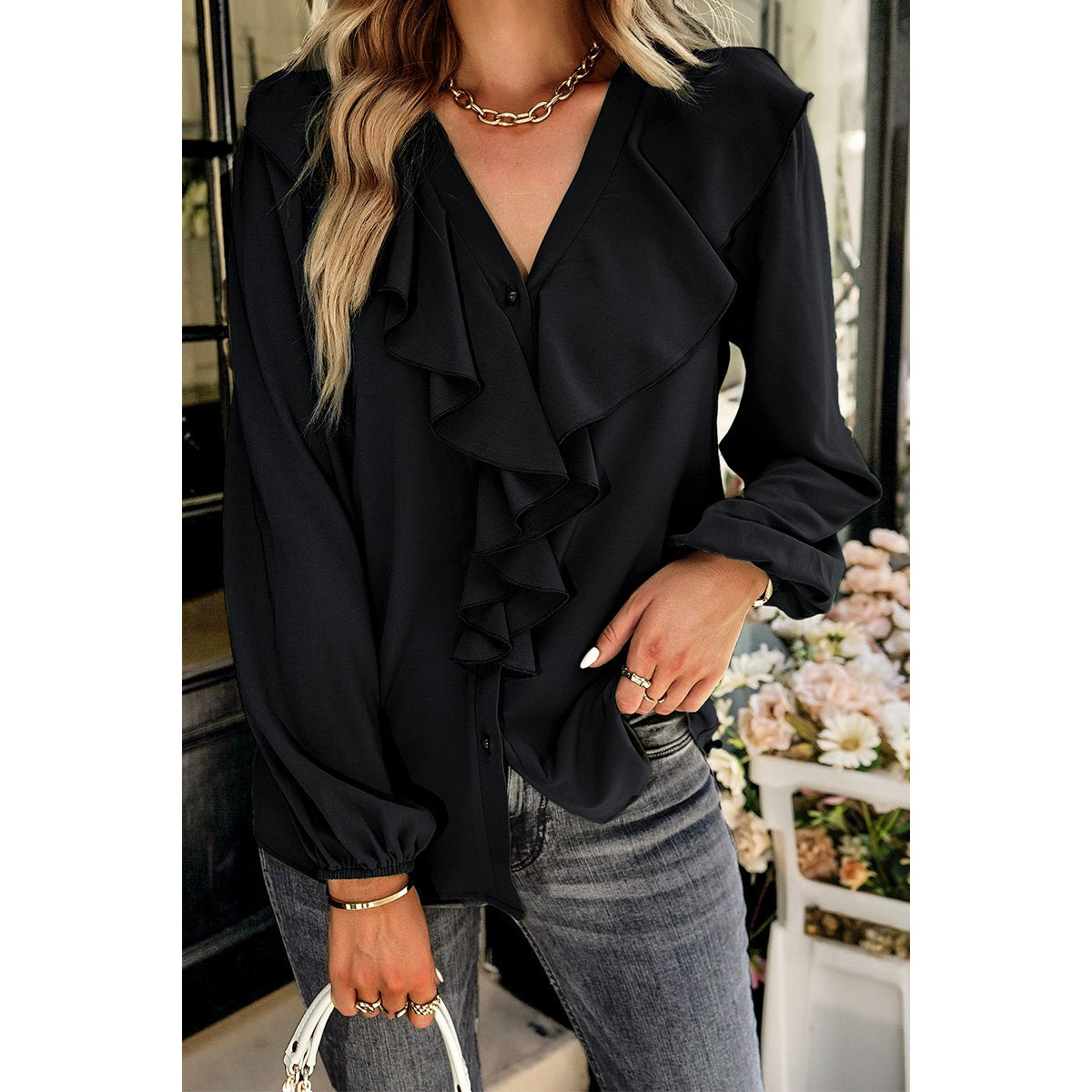 Soft Ruffle V Neck Top | Casual Woven Top - Women's | long sleeve top, Top, tops | Elings