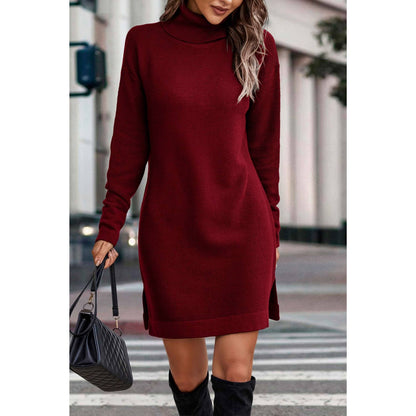 Roll Neck Knit Solid Sweater Dress - MVTFASHION.COM