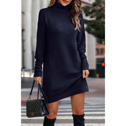 Roll Neck Knit Solid Sweater Dress - MVTFASHION.COM