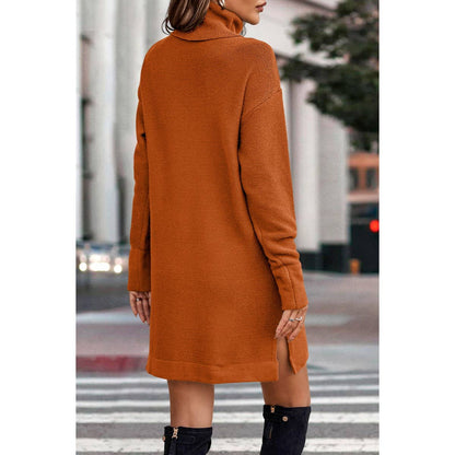 Roll Neck Knit Solid Sweater Dress - MVTFASHION.COM