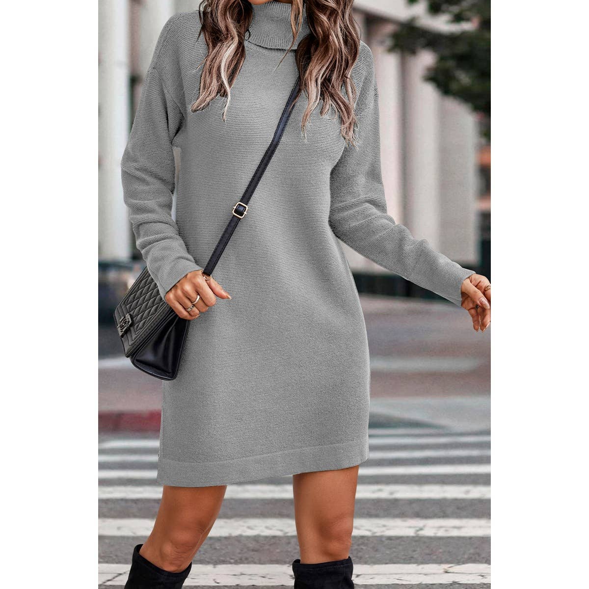 Roll Neck Knit Solid Sweater Dress - MVTFASHION.COM