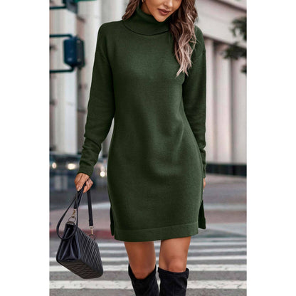 Roll Neck Knit Solid Sweater Dress - MVTFASHION.COM