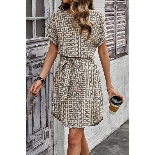 Round Neck Allover Print Belt Fit Dress | Dress - Women's | above the knee, Dress, F, LK, new arrival | Elings