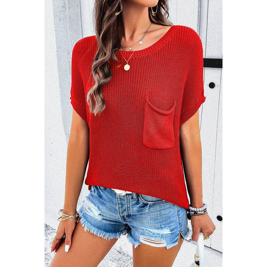 Round Neck Drop Shoulder Pocket Knit Sweater | Knit Top - Women's | F, FEB 2024, new arrival, short sleeve top | Elings