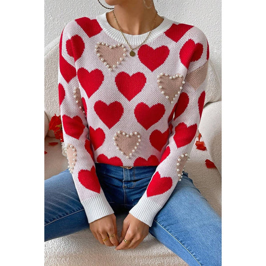 Round Neck Heart Shape Pearl Beads Knit Sweater | Knit Sweater - Women's | F, new arrival, shoppe247, SWEATER, Sweaters | Elings