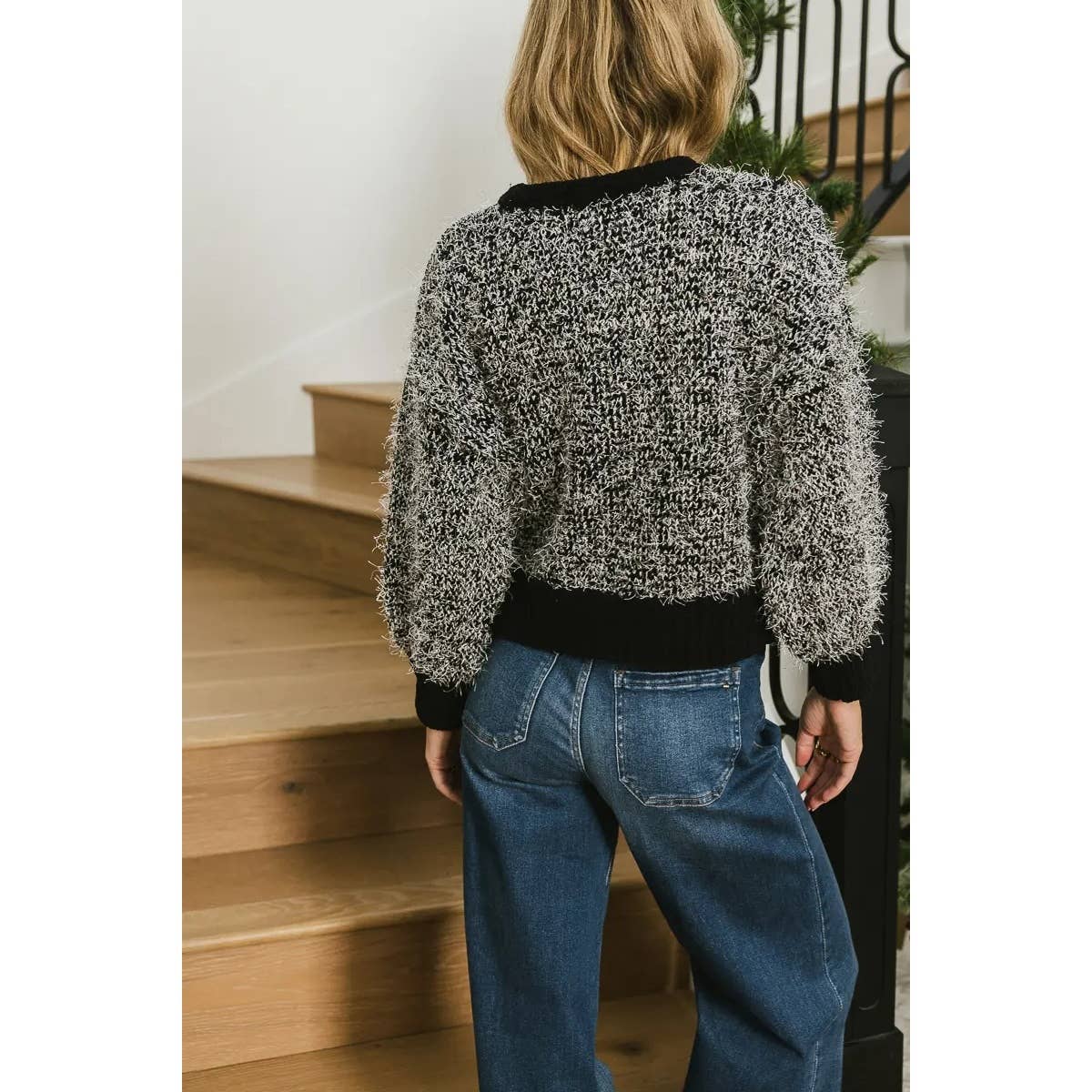 Round Neck Long Loose Sleeve Fuzzy Fleece Sweater