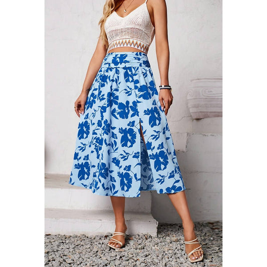 Ruched Waist Floral Print Side Open Skirt | Skirt - Women's | 2403, Boho hippie Skirt, F, Midi Skirt, new arrival, Skirt | Elings