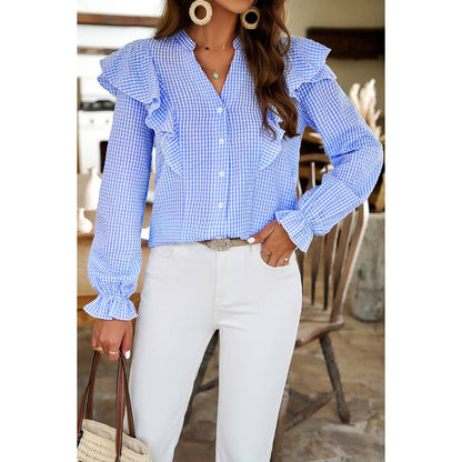 Ruffle Gingham Frill Trim Flounce Shirt - Elings