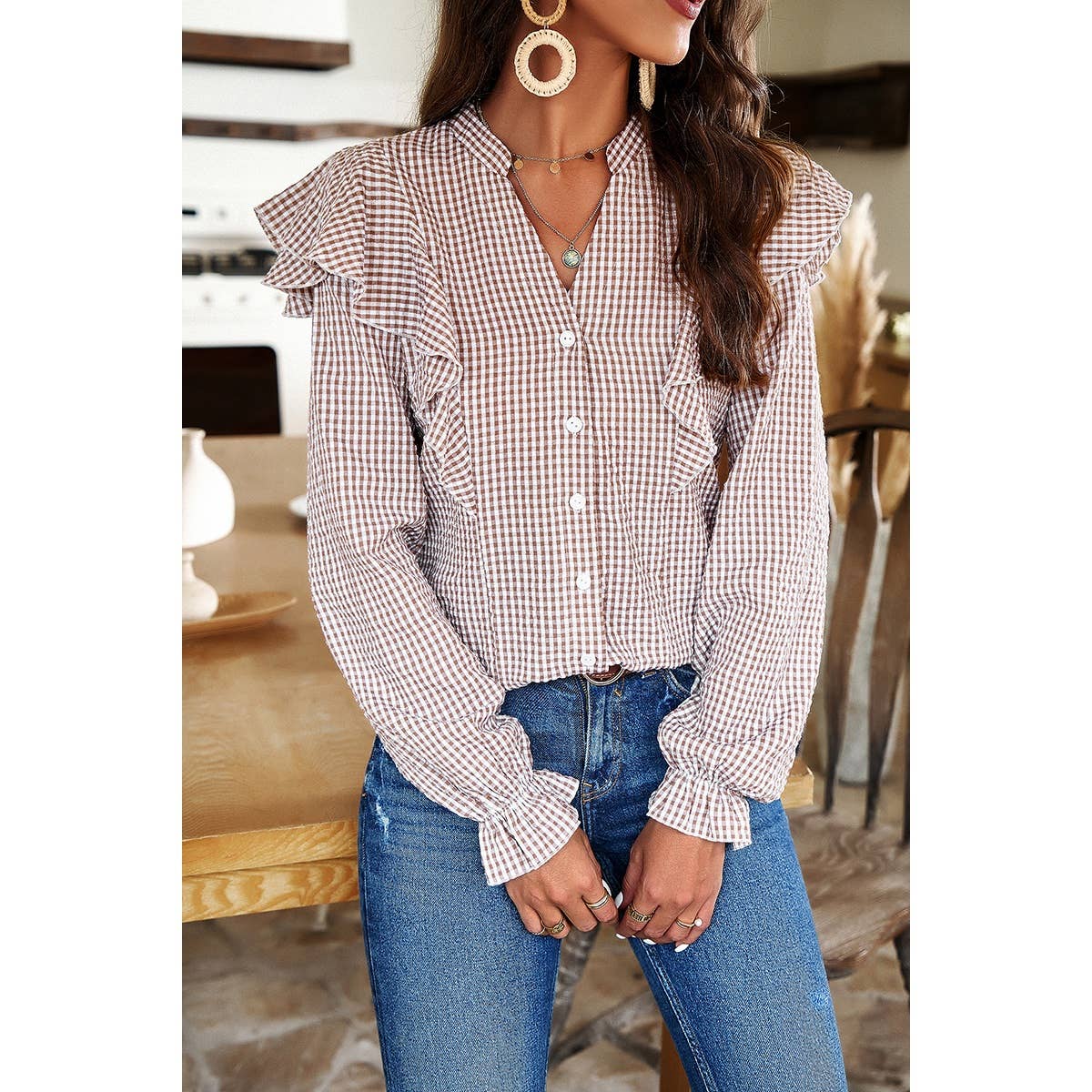 Ruffle Gingham Frill Trim Flounce Shirt - Elings