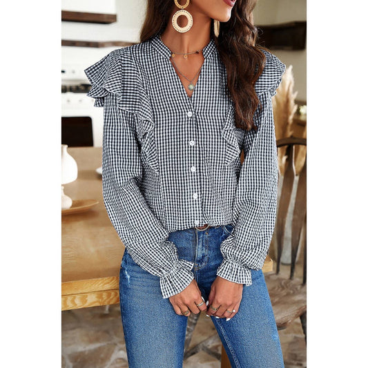 Ruffle Gingham Frill Trim Flounce Shirt | Blouse - Women's | long sleeve top, new arrival, shoppe247, Top | Elings