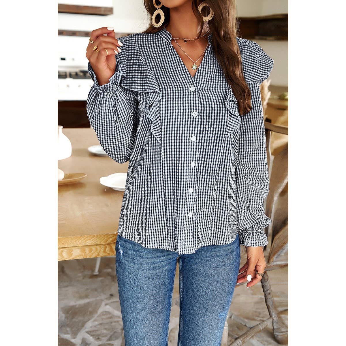 Ruffle Gingham Frill Trim Flounce Shirt - Elings