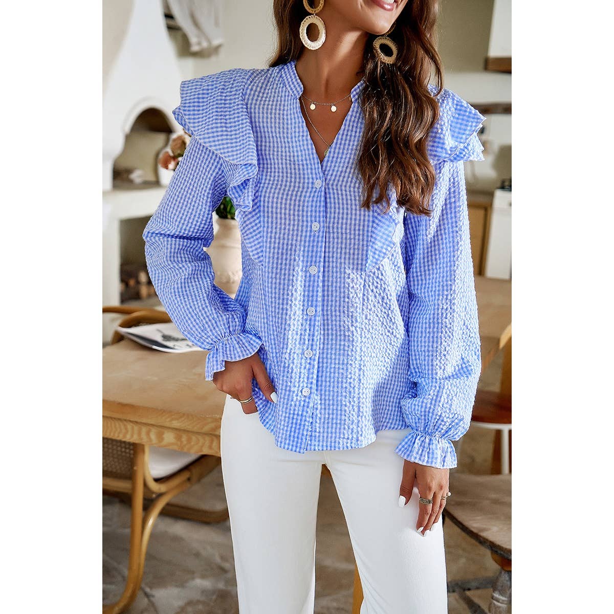 Ruffle Gingham Frill Trim Flounce Shirt - Elings