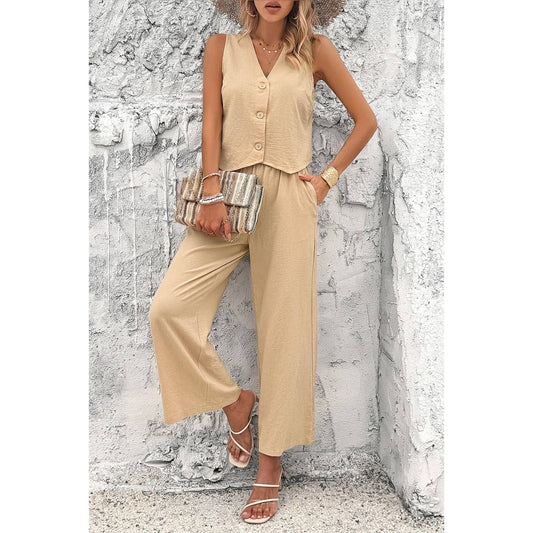 Sleeveless Button Deep V Neck Pockets Solid Sets | Top & Pant Set (NOT Loungewear) - Women's | 2401, F, new arrival, Sets | Elings